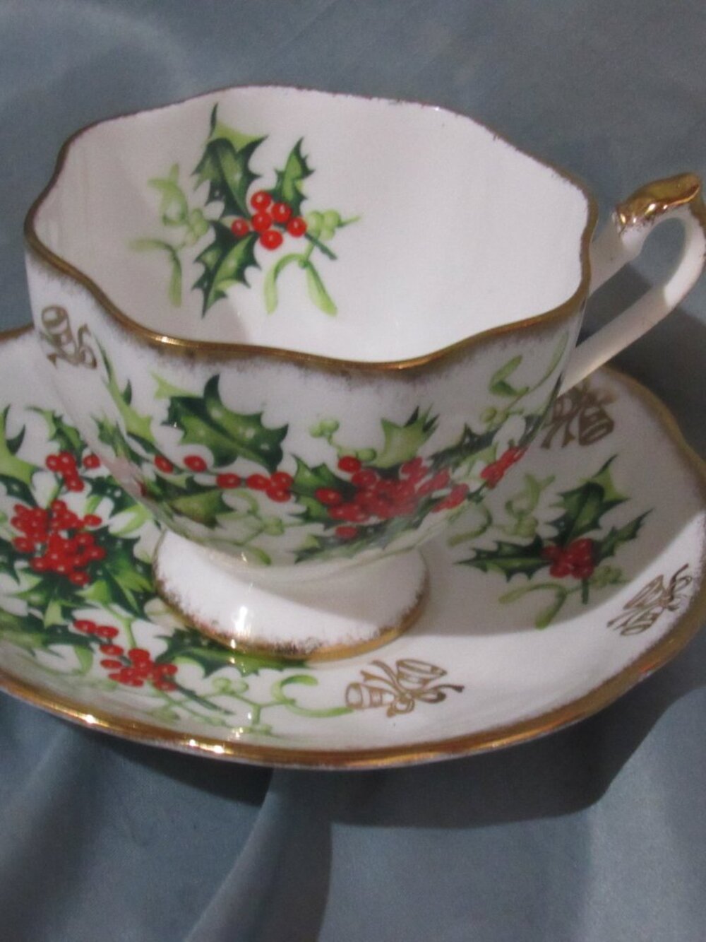 Vintage Queen Anne Yuletide Tea Cup and Saucer, Holly, Berries, Bells, Gold Y642